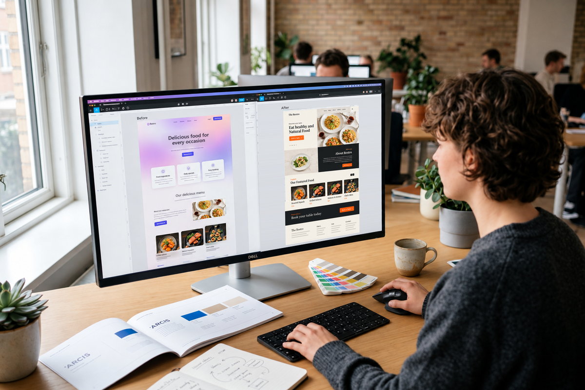 A designer at her desk comparing two pages on screen: the same restaurant website as a generic AI-generated page marked Before and as a carefully designed page marked After
