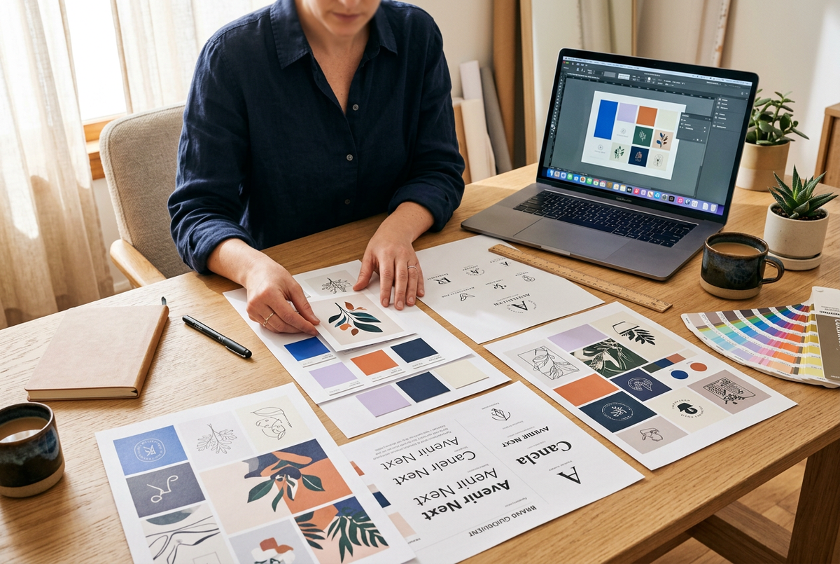 A designer at a wooden desk comparing printed illustrations, colour swatches and font samples, with a brand board open on a laptop