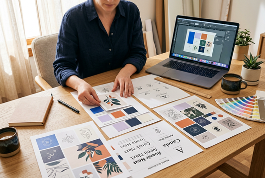 A designer at a wooden desk comparing printed illustrations, colour swatches and font samples, with a brand board open on a laptop