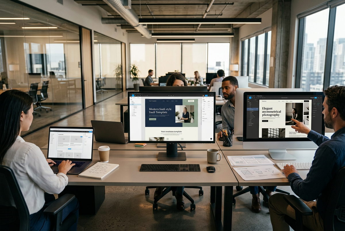 Three people in an open-plan office working on websites: one on a simple wireframe on a laptop, one on a template, one on a custom design