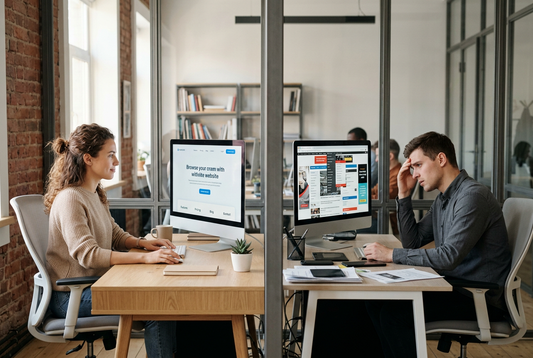 Two people at their desks: one calmly browsing a clean website, the other frustrated by a busy, cluttered website