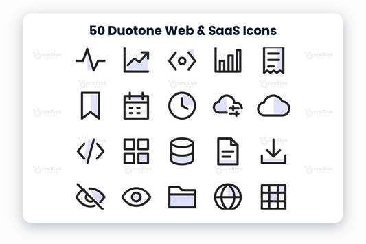 50 Duotone Web & SaaS Icons preview on a light grey background, titled 50 Duotone Web Icons