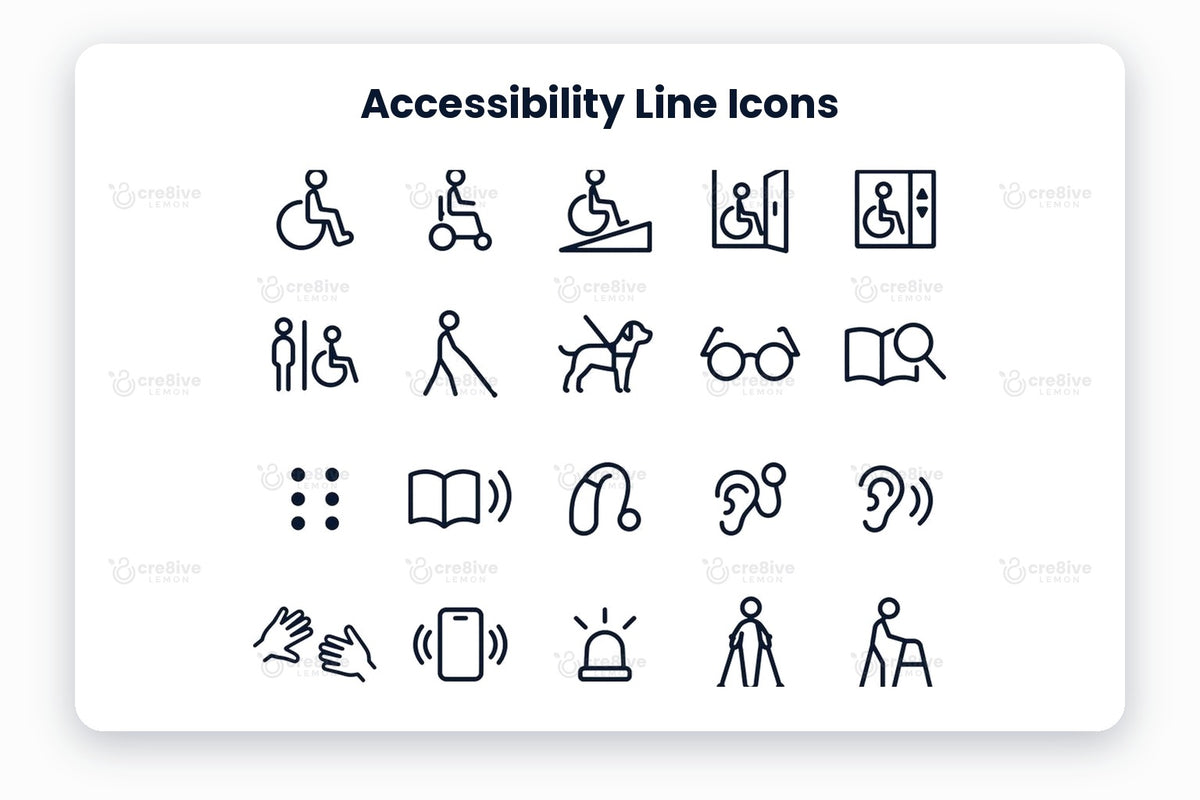 Accessibility Line Icons preview on a light grey background, titled 30 Accessibility Line Icons: navy line icons of wheelchair, power wheelchair, wheelchair ramp, accessible entrance, accessible elevator, accessible toilet, white cane, guide dog, glasses, large print, braille, audiobook, hearing aid, cochlear implant, hearing loop, sign language, vibration alert, visual alarm, crutches, walker, prosthetic leg, adaptive glove, walking cane, adaptive cutlery, picture board, picture chat, noise-can