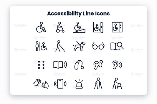 Accessibility Line Icons preview on a light grey background, titled 30 Accessibility Line Icons: navy line icons of wheelchair, power wheelchair, wheelchair ramp, accessible entrance, accessible elevator, accessible toilet, white cane, guide dog, glasses, large print, braille, audiobook, hearing aid, cochlear implant, hearing loop, sign language, vibration alert, visual alarm, crutches, walker, prosthetic leg, adaptive glove, walking cane, adaptive cutlery, picture board, picture chat, noise-can