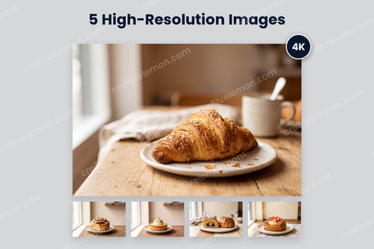 Bakery Photography AI Image Pack preview: all five bakery photos, one large with a 4K badge and four smaller below, on a light grey background (watermarked preview)