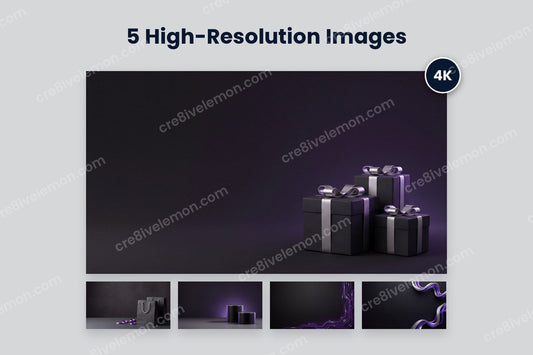 Black Friday & Cyber Monday Sale Backgrounds preview: all five dark sale backgrounds, black gift boxes large with a 4K badge and four smaller below, on a light grey background (watermarked preview)