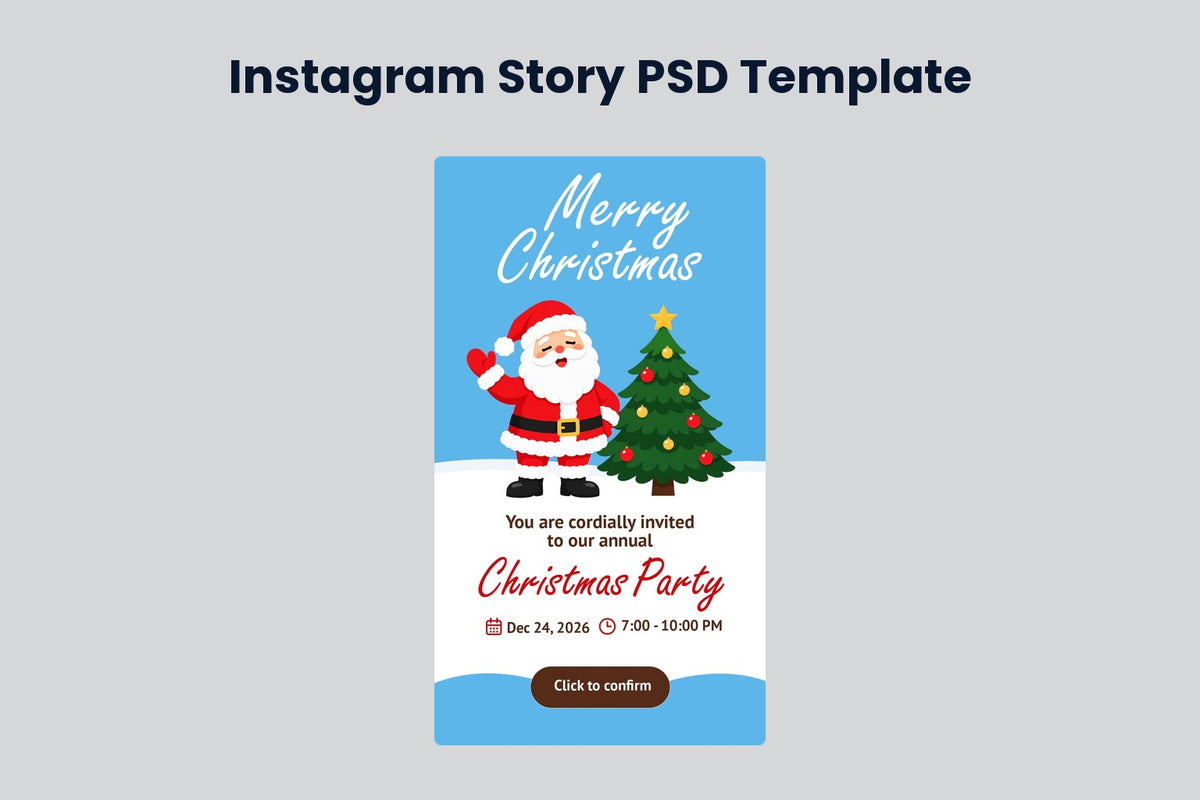 Blue Christmas Party Invitation Flyer preview on a light grey background, titled Instagram Story PSD Template: light-blue invitation with Santa, a Christmas tree and a red Christmas Party title