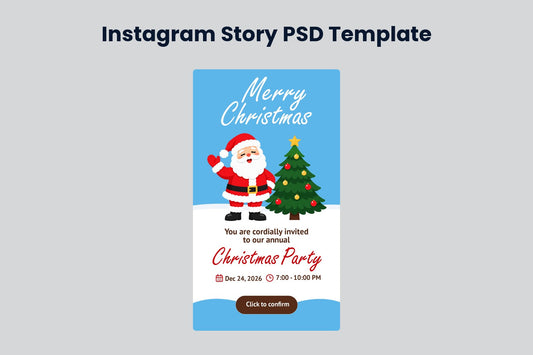 Blue Christmas Party Invitation Flyer preview on a light grey background, titled Instagram Story PSD Template: light-blue invitation with Santa, a Christmas tree and a red Christmas Party title