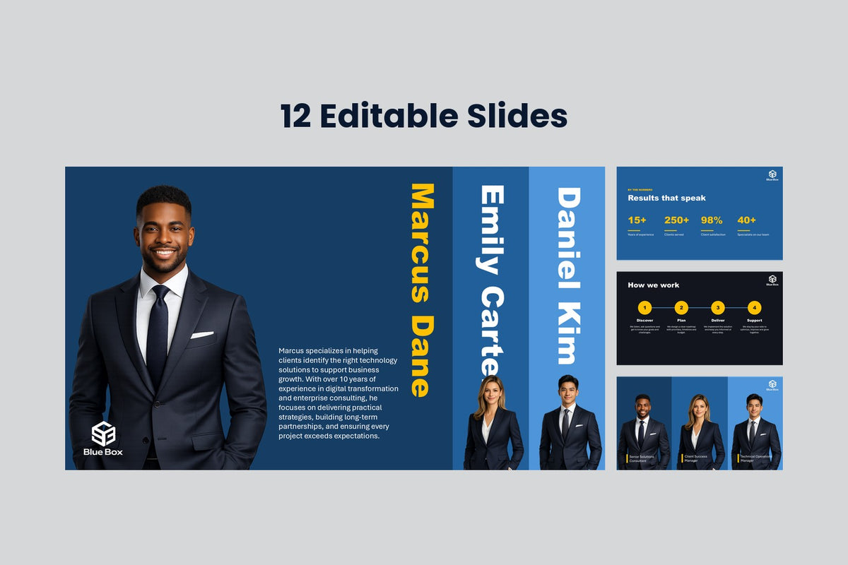 Bluebox Business Presentation Template, 12 editable slides: the Marcus Dane team profile slide with the Results that speak, How we work and Meet the team slides