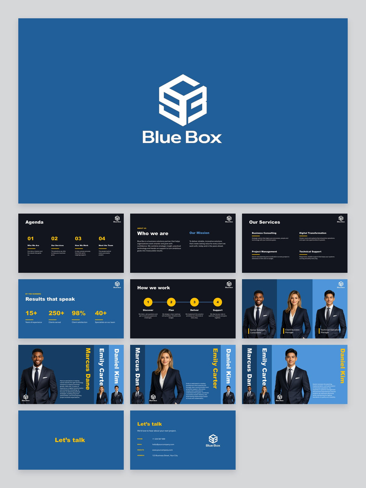 All slides of Bluebox Business Presentation Template, top to bottom