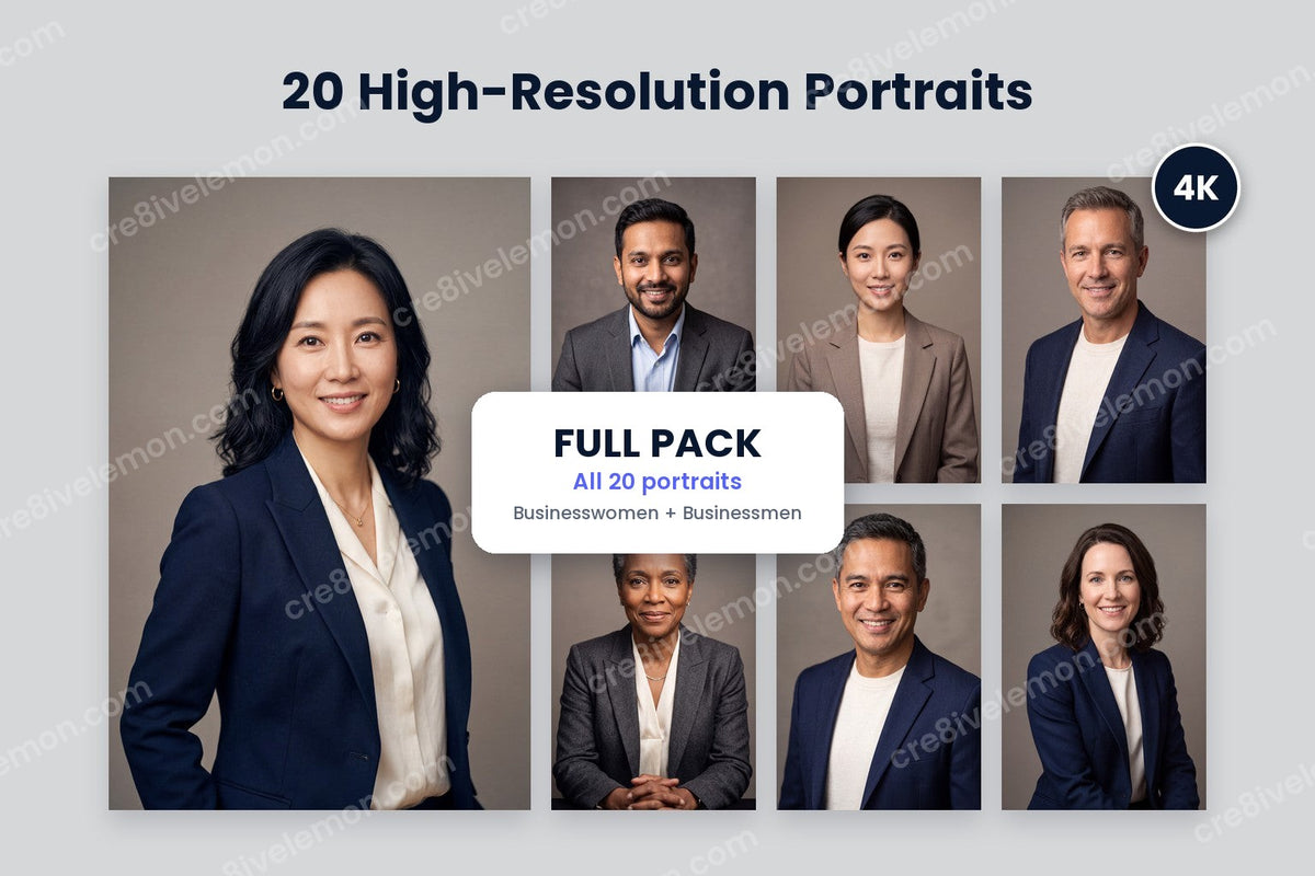 Business Portraits AI Image Pack preview: one large portrait with a 4K badge and six smaller portraits from the pack on a light grey background, marked Full pack (watermarked preview)
