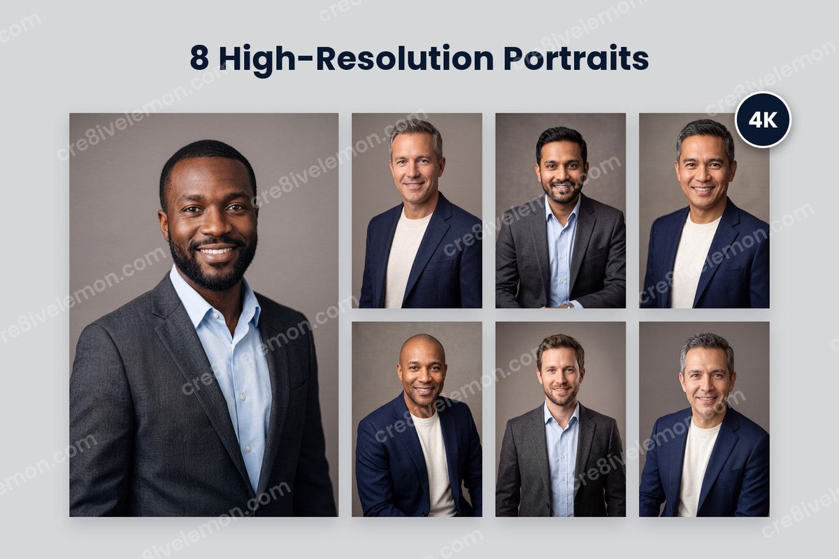 Businessmen Portraits AI Image Pack preview: one large portrait with a 4K badge and six smaller portraits from the pack on a light grey background (watermarked preview)