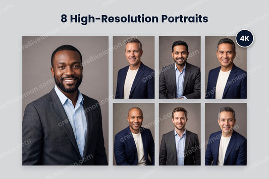Businessmen Portraits AI Image Pack preview: one large portrait with a 4K badge and six smaller portraits from the pack on a light grey background (watermarked preview)