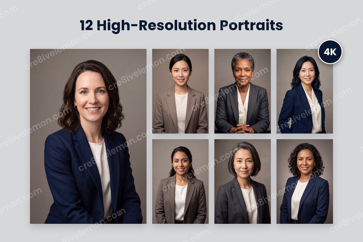 Businesswomen Portraits AI Image Pack preview: one large portrait with a 4K badge and six smaller portraits from the pack on a light grey background (watermarked preview)