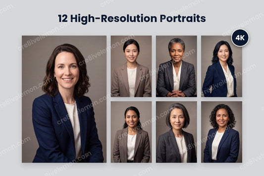 Businesswomen Portraits AI Image Pack preview: one large portrait with a 4K badge and six smaller portraits from the pack on a light grey background (watermarked preview)