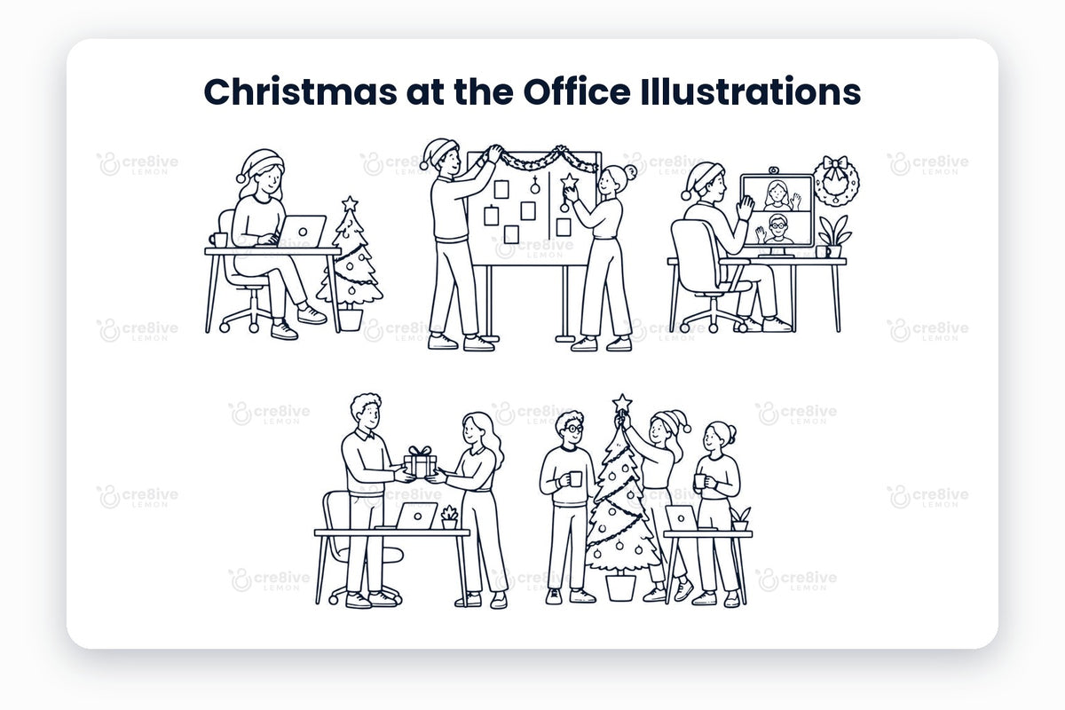 Christmas at the Office Illustrations preview: 5 navy line illustrations of working from home, decorating the office, holiday video call, gift exchange and decorating the tree