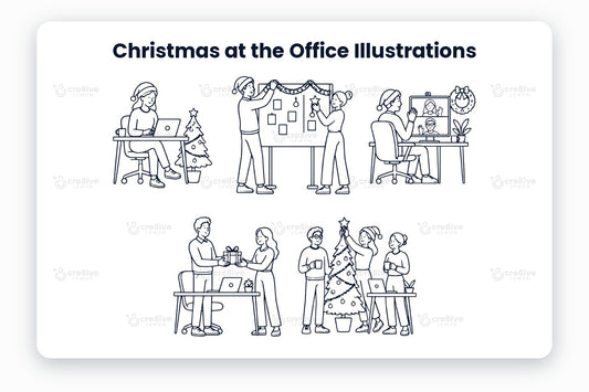 Christmas at the Office Illustrations preview: 5 navy line illustrations of working from home, decorating the office, holiday video call, gift exchange and decorating the tree