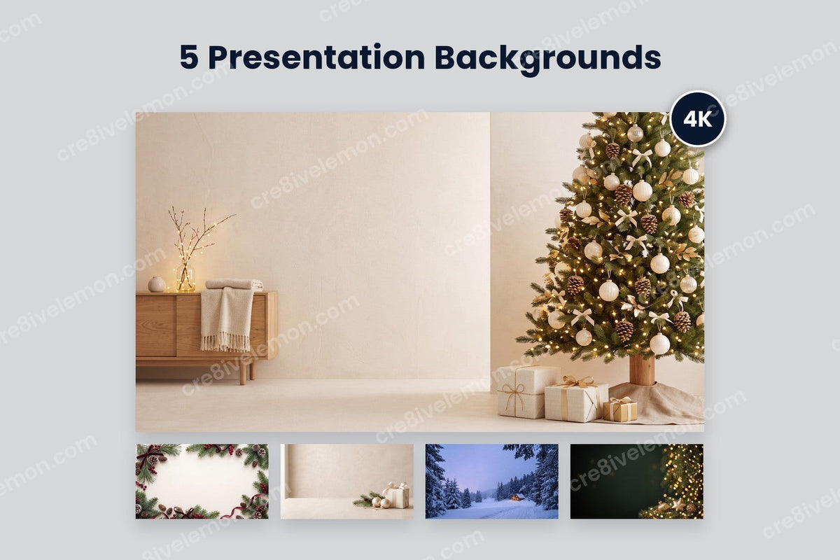 Christmas Presentation AI Image Pack preview: all five 16:9 backgrounds, one large with a 4K badge and four smaller below, on a light grey background (watermarked preview)