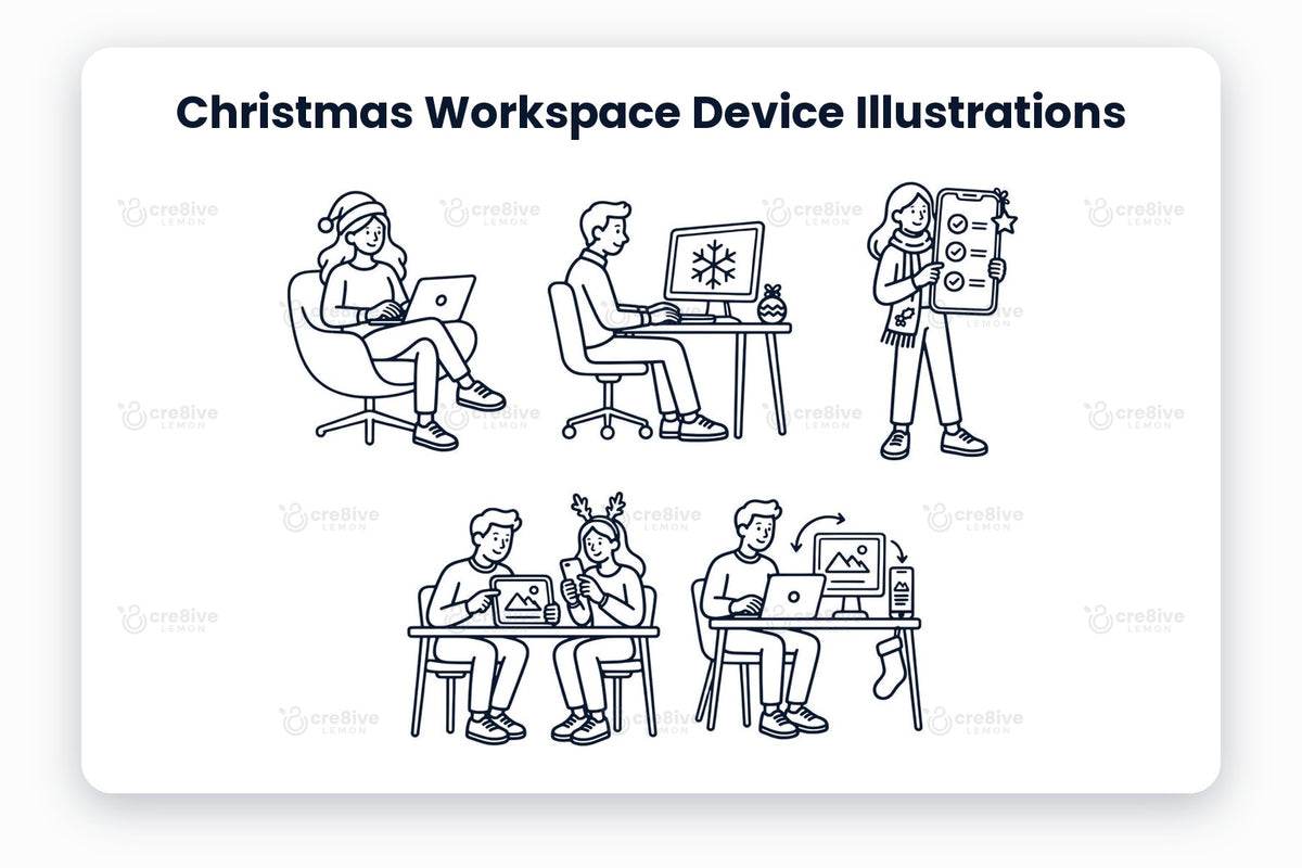 Christmas Workspace Device Illustrations preview: navy line illustrations of laptop work, desktop work, mobile app, team at laptops, device sync