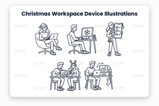 Christmas Workspace Device Illustrations preview: navy line illustrations of laptop work, desktop work, mobile app, team at laptops, device sync