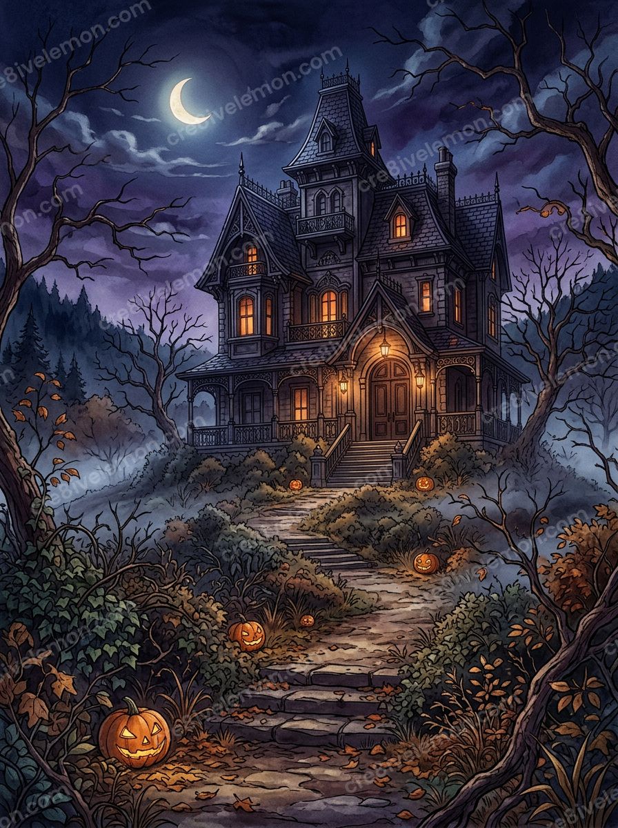 Image 07 of enchanted anime style halloween backgrounds, watermarked preview