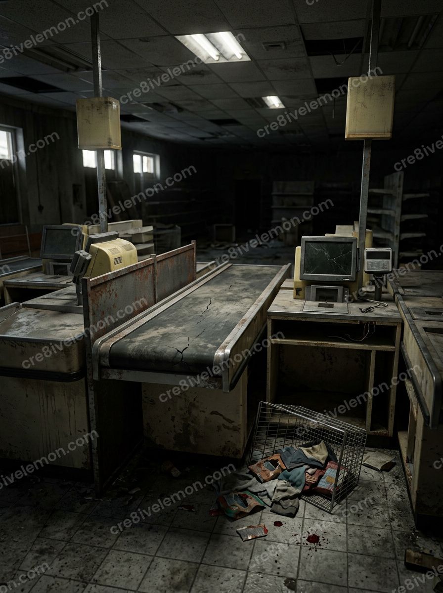 Image 01 of abandoned store horror backgrounds ai image pack, watermarked preview