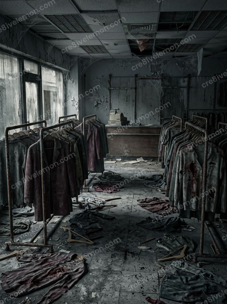 Image 03 of abandoned store horror backgrounds ai image pack, watermarked preview