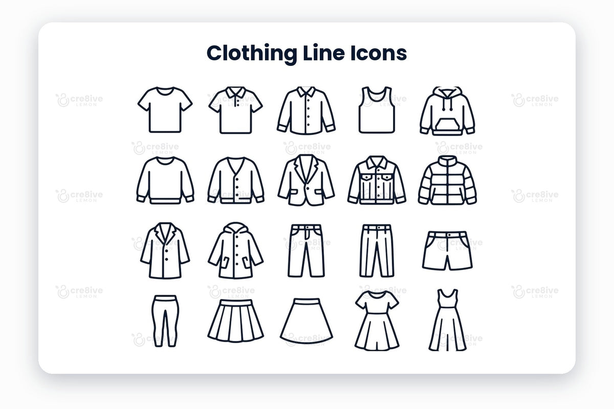 Clothing Line Icons preview on a light grey background, titled 30 Clothing Line Icons: navy line icons of t-shirt, polo shirt, shirt, tank top, hoodie, sweater, cardigan, blazer, denim jacket, puffer jacket, coat, raincoat, jeans, trousers, shorts, leggings, pleated skirt, skirt, dress, sundress, overalls, jumpsuit, pyjamas, bathrobe, socks, mittens, scarf, beanie, cap and belt