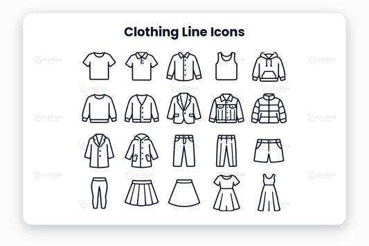 Clothing Line Icons preview on a light grey background, titled 30 Clothing Line Icons: navy line icons of t-shirt, polo shirt, shirt, tank top, hoodie, sweater, cardigan, blazer, denim jacket, puffer jacket, coat, raincoat, jeans, trousers, shorts, leggings, pleated skirt, skirt, dress, sundress, overalls, jumpsuit, pyjamas, bathrobe, socks, mittens, scarf, beanie, cap and belt