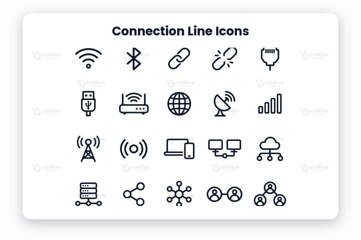 Connection Line Icons preview on a light grey background, titled 30 Connection Line Icons: navy line icons of wifi, bluetooth, link, broken link, ethernet cable, usb, router, globe, satellite dish, signal strength, cell tower, broadcast, devices, network computers, cloud network, server, share, network hub, connected users, team network, handshake, overlap, puzzle, chat, sync, cloud upload, cloud download, secure link, route and smart home