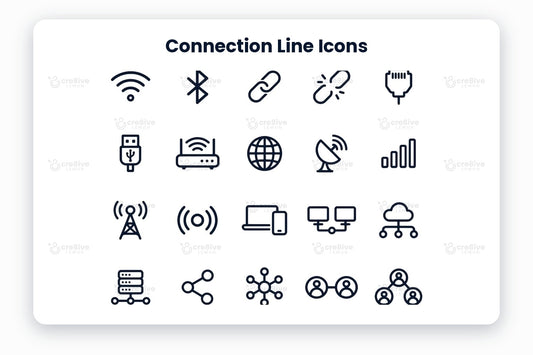 Connection Line Icons preview on a light grey background, titled 30 Connection Line Icons: navy line icons of wifi, bluetooth, link, broken link, ethernet cable, usb, router, globe, satellite dish, signal strength, cell tower, broadcast, devices, network computers, cloud network, server, share, network hub, connected users, team network, handshake, overlap, puzzle, chat, sync, cloud upload, cloud download, secure link, route and smart home