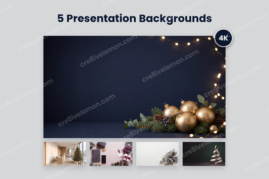 Corporate Christmas Backgrounds preview: one large 4K image with a 4K badge and three smaller images from the pack on a light grey background (watermarked preview)
