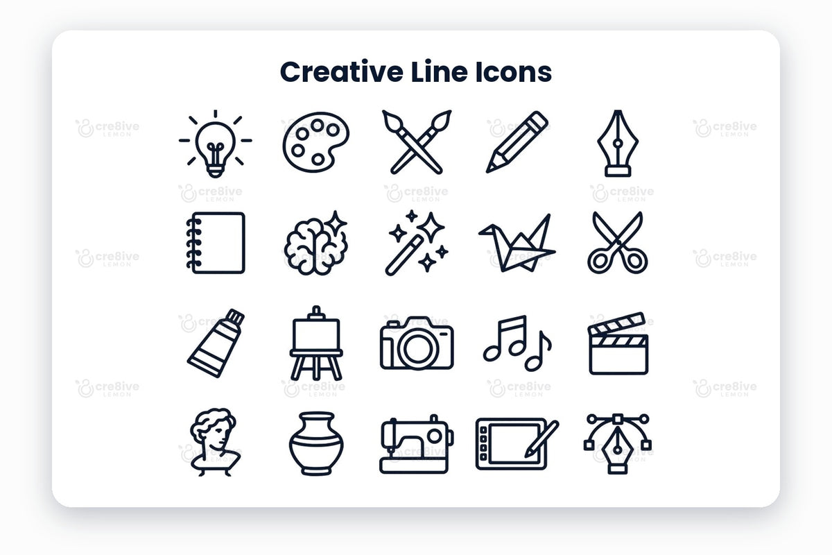 Creative Line Icons preview on a light grey background, titled 30 Creative Line Icons: navy line icons of idea, paint palette, paintbrushes, pencil, fountain pen, sketchbook, creative mind, magic, origami, scissors, paint tube, easel, camera, music, clapperboard, sculpture, vase, sewing machine, drawing tablet, vector pen, colour swatches, puzzle, launch, storytelling, inspiration, creative chat, handwriting, shapes, compass and spray paint