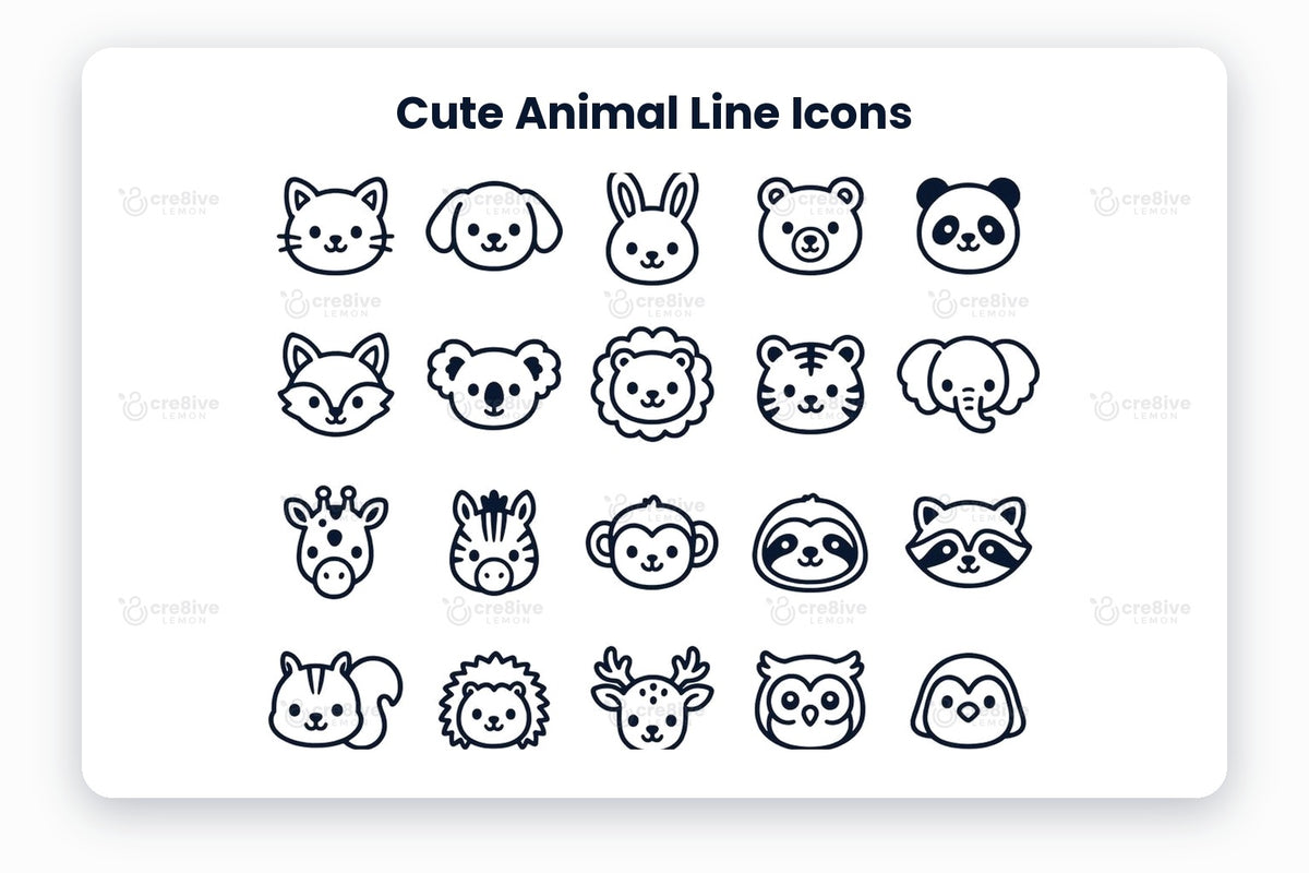 Cute Animal Line Icons preview on a light grey background, titled 30 Cute Animal Line Icons: navy line icons of cat, dog, bunny, bear, panda, fox, koala, lion, tiger, elephant, giraffe, zebra, monkey, sloth, raccoon, squirrel, hedgehog, deer, owl, penguin, duck, chick, parrot, flamingo, frog, turtle, whale, dolphin, seal and otter