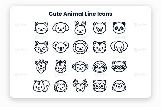 Cute Animal Line Icons preview on a light grey background, titled 30 Cute Animal Line Icons: navy line icons of cat, dog, bunny, bear, panda, fox, koala, lion, tiger, elephant, giraffe, zebra, monkey, sloth, raccoon, squirrel, hedgehog, deer, owl, penguin, duck, chick, parrot, flamingo, frog, turtle, whale, dolphin, seal and otter