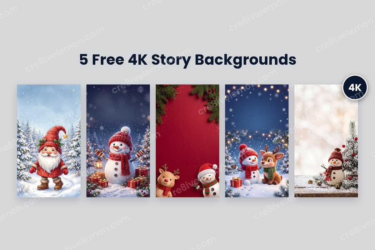 Cute Christmas Story Backgrounds preview: all five 4K 9:16 backgrounds side by side with a 4K badge on a light grey background (watermarked preview)