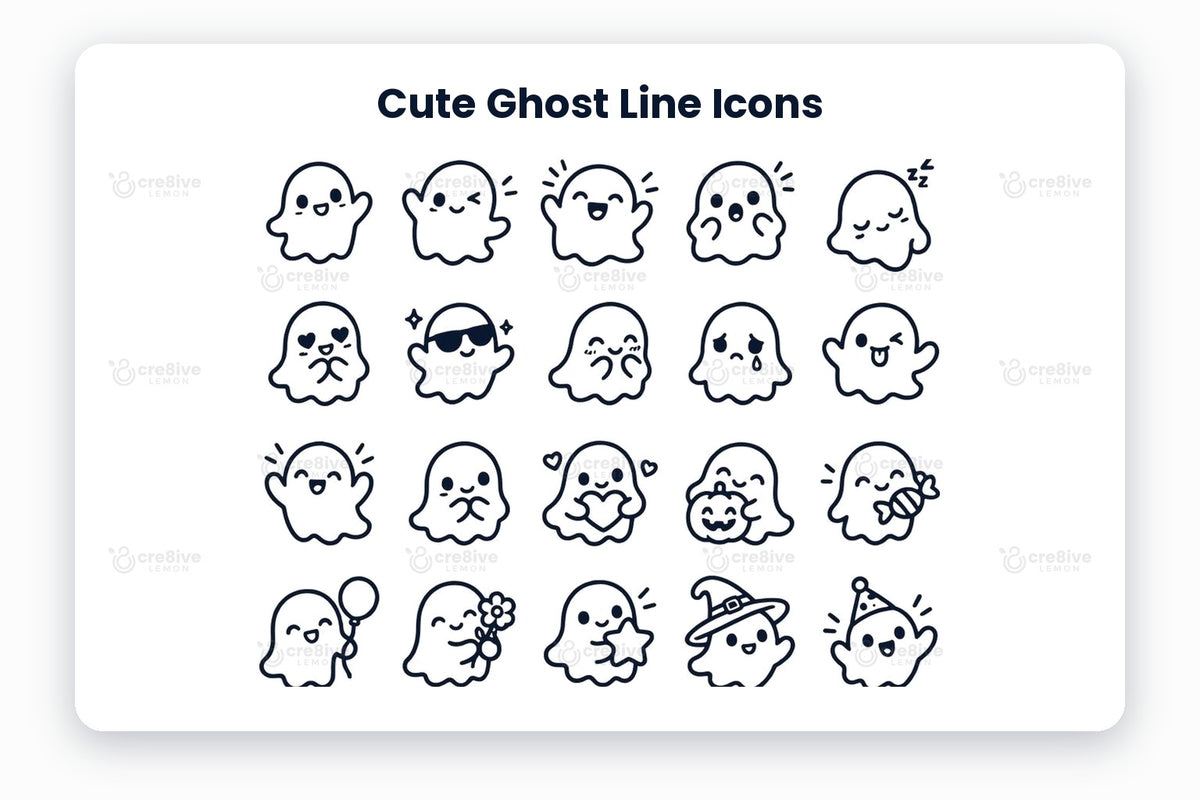 Cute Ghost Line Icons preview on a light grey background, titled 30 Cute Ghost Line Icons: navy line icons of happy ghost, waving ghost, laughing ghost, surprised ghost, sleepy ghost, love ghost, cool ghost, giggling ghost, sad ghost, silly ghost, cheerful ghost, shy ghost, heart ghost, pumpkin ghost, candy ghost, balloon ghost, flower ghost, star ghost, witch ghost, party ghost, bow tie ghost, princess ghost, music ghost, cozy ghost, flying ghost, zooming ghost, peeking ghost, dancing ghost, gh