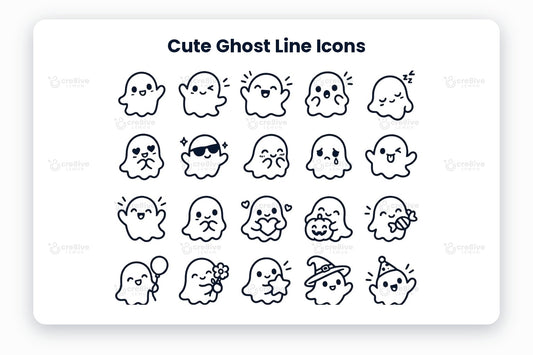 Cute Ghost Line Icons preview on a light grey background, titled 30 Cute Ghost Line Icons: navy line icons of happy ghost, waving ghost, laughing ghost, surprised ghost, sleepy ghost, love ghost, cool ghost, giggling ghost, sad ghost, silly ghost, cheerful ghost, shy ghost, heart ghost, pumpkin ghost, candy ghost, balloon ghost, flower ghost, star ghost, witch ghost, party ghost, bow tie ghost, princess ghost, music ghost, cozy ghost, flying ghost, zooming ghost, peeking ghost, dancing ghost, gh