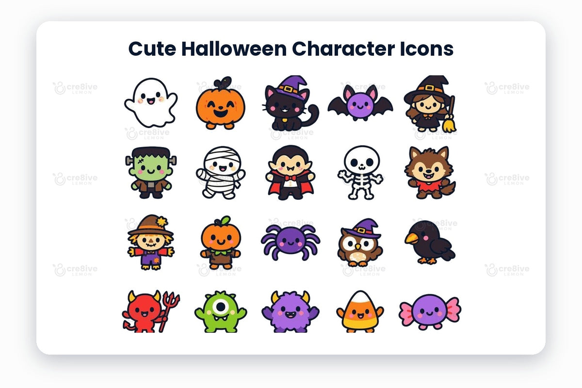 Cute Halloween Character Icons preview on a light grey background, titled 30 Cute Halloween Character Icons: navy line icons of ghost, pumpkin, witch cat, bat, little witch, frankenstein, mummy, vampire, skeleton, werewolf, scarecrow, pumpkin kid, spider, owl, crow, little devil, cyclops monster, furry monster, candy corn, candy, potion, cauldron, haunted house, sleepy moon, mushroom, dragon, bow tie ghost, vampire cat, wizard frog and treat bucket