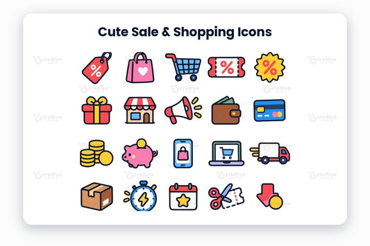 Cute Sale & Shopping Icons preview on a light grey background, titled 30 Cute Sale & Shopping Icons: navy line icons of sale tag, shopping bag, shopping cart, coupon, discount badge, gift, shop, megaphone, wallet, credit card, coins, piggy bank, mobile shopping, online shop, delivery truck, package, flash sale, sale date, cut coupon, price drop, gift card, basket, voucher, receipt, hanger tag, sneaker sale, shirt sale, cashback, hand with bag and surprise box