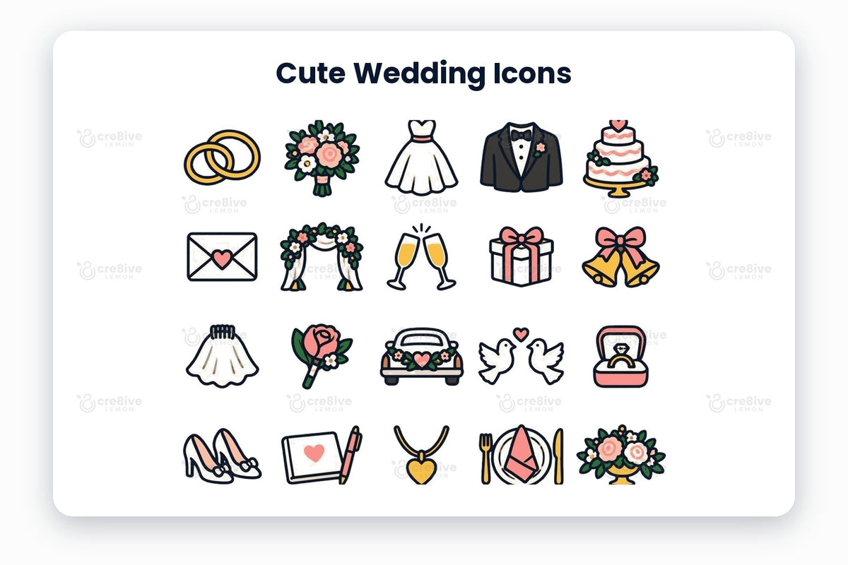 Cute Wedding Icons preview on a light grey background, titled 30 Cute Wedding Icons: navy line icons of wedding rings, bouquet, wedding dress, tuxedo, wedding cake, invitation, flower arch, champagne toast, gift, wedding bells, veil, boutonniere, wedding car, love doves, ring box, bridal shoes, guest book, heart necklace, place setting, centrepiece, lantern, chapel, heart balloons, camera, favour box, wedding date, bow tie, petal basket, ribbon bow and holding hands