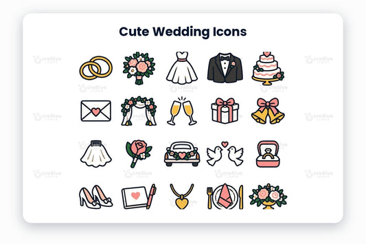 Cute Wedding Icons preview on a light grey background, titled 30 Cute Wedding Icons: navy line icons of wedding rings, bouquet, wedding dress, tuxedo, wedding cake, invitation, flower arch, champagne toast, gift, wedding bells, veil, boutonniere, wedding car, love doves, ring box, bridal shoes, guest book, heart necklace, place setting, centrepiece, lantern, chapel, heart balloons, camera, favour box, wedding date, bow tie, petal basket, ribbon bow and holding hands