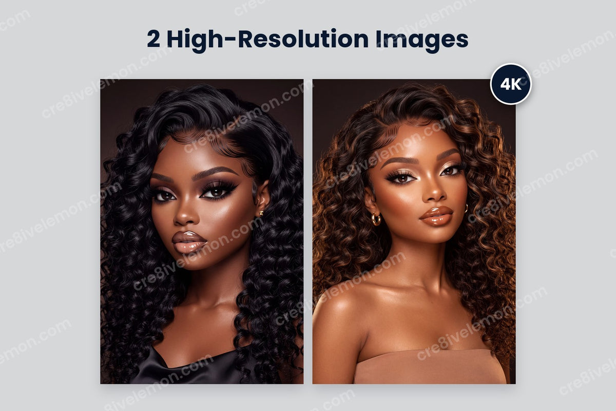 Duo Glam Beauty Portraits AI Image Pack preview: 2 glam beauty portraits side by side with a 4K badge, on a light grey background (watermarked preview)
