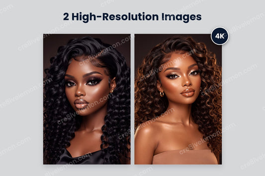 Duo Glam Beauty Portraits AI Image Pack preview: 2 glam beauty portraits side by side with a 4K badge, on a light grey background (watermarked preview)