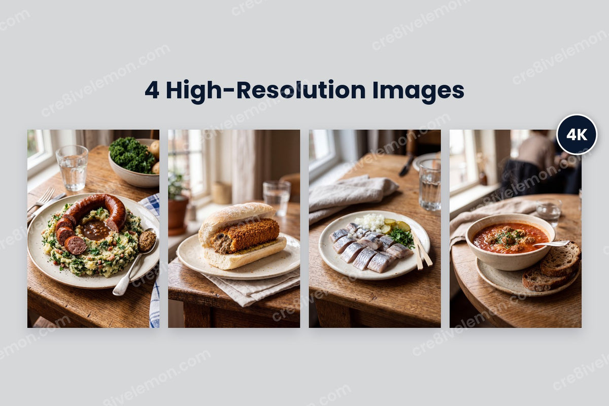 Dutch Classic Meals AI Image Pack preview: 4 classic Dutch meal photos with a 4K badge, on a light grey background (watermarked preview)