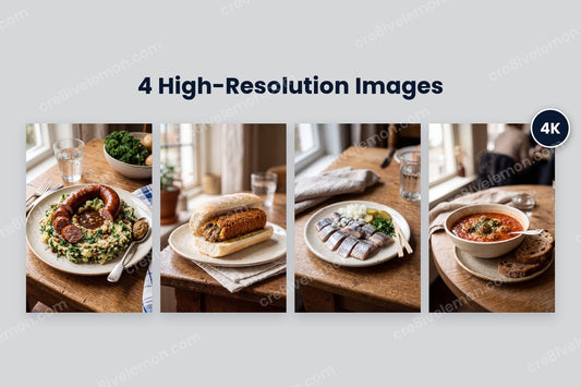 Dutch Classic Meals AI Image Pack preview: 4 classic Dutch meal photos with a 4K badge, on a light grey background (watermarked preview)