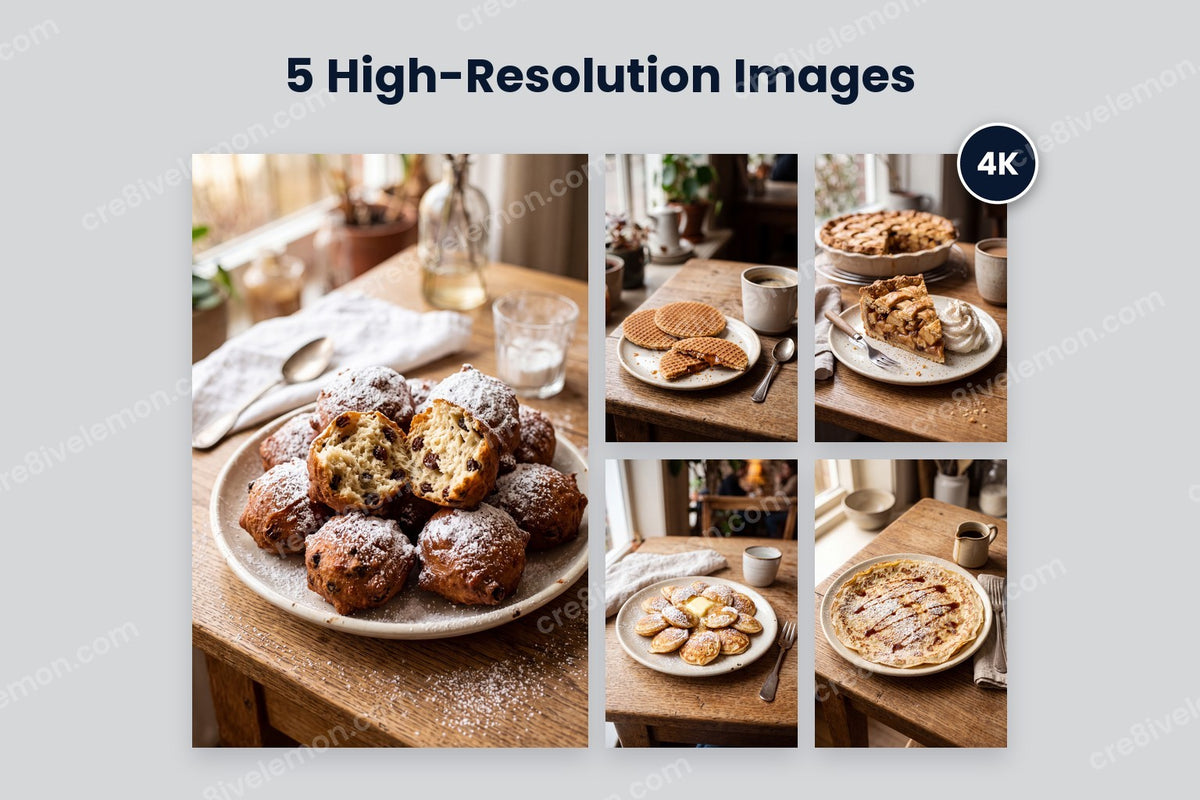 Dutch Sweets & Treats AI Image Pack preview: 5 Dutch sweets and treats photos with a 4K badge, on a light grey background (watermarked preview)