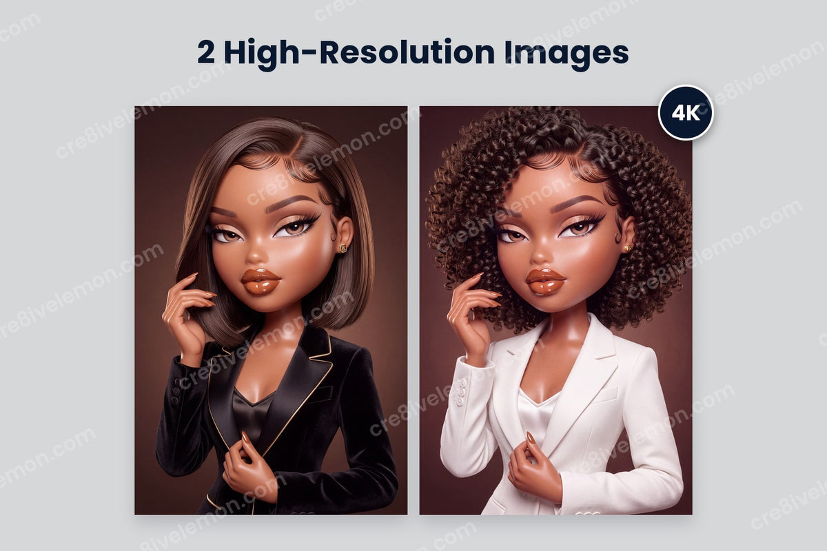Empowered Fashion Doll Duo AI Image Pack preview: 2 fashion doll illustrations side by side with a 4K badge, on a light grey background (watermarked preview)