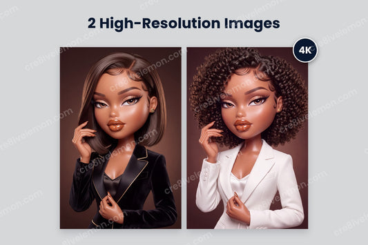 Empowered Fashion Doll Duo AI Image Pack preview: 2 fashion doll illustrations side by side with a 4K badge, on a light grey background (watermarked preview)