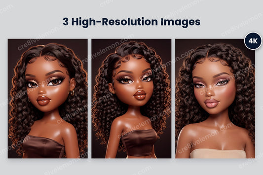 Glam Doll Beauty Collection AI Image Pack preview: 3 glam doll illustrations side by side with a 4K badge, on a light grey background (watermarked preview)